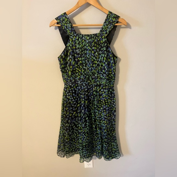 David Meister Sleeveless Abstract Blue Green Ruched Sheath Dress 6 - Picture 1 of 10